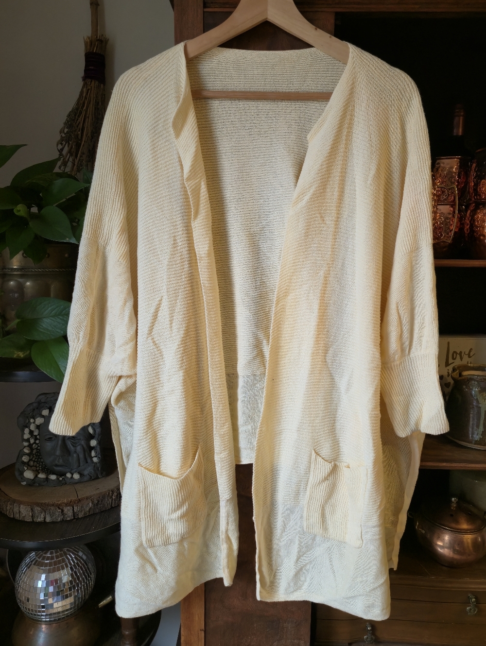 3/$20 Light Yellow Open-Front Wide Fit Oversized Body Cardigan Sweater, Unsized